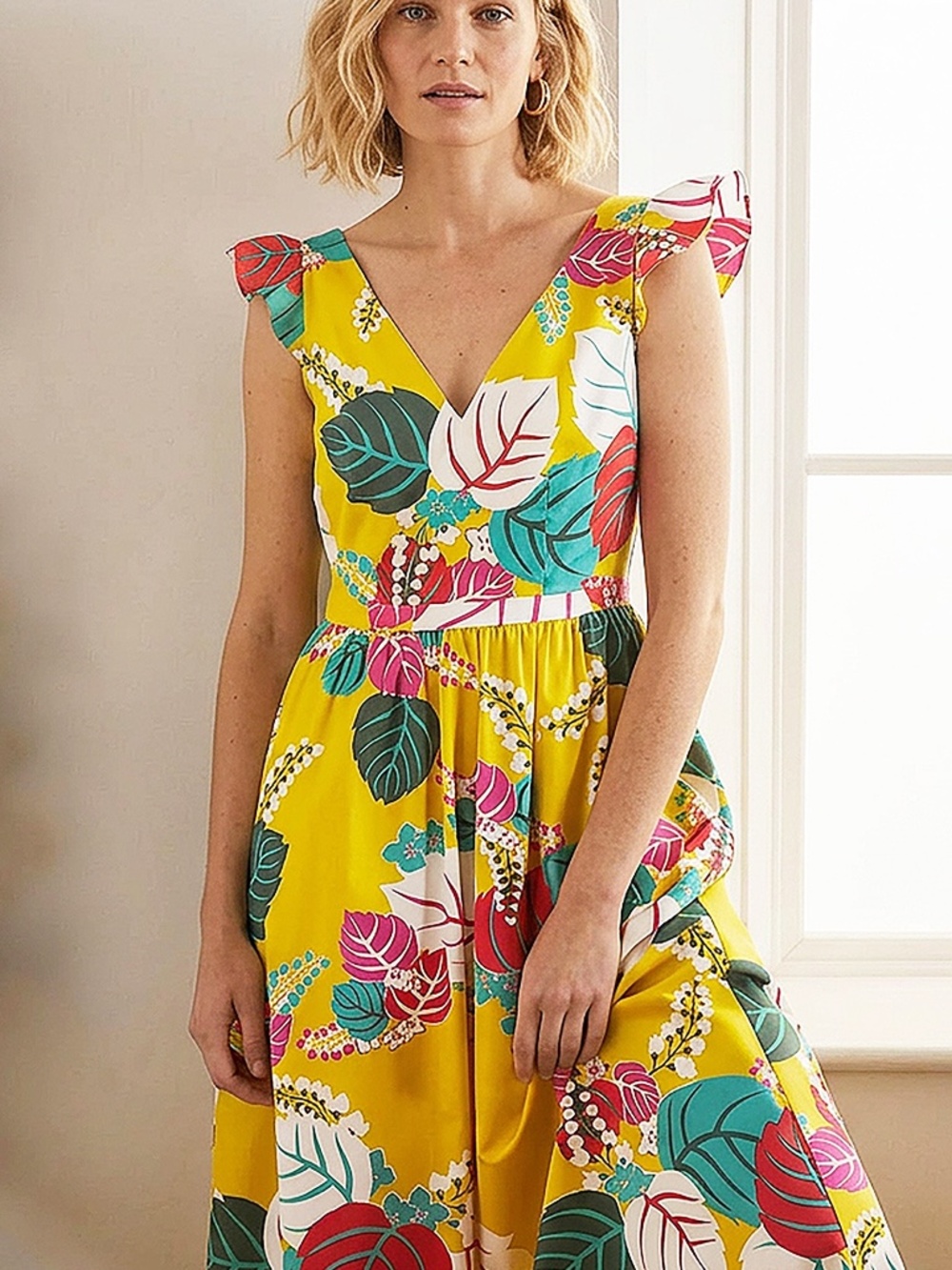 Boden Floral Maxi Dress Andrea Frill Sleeve 100% Cotton Tropical Sz 6
